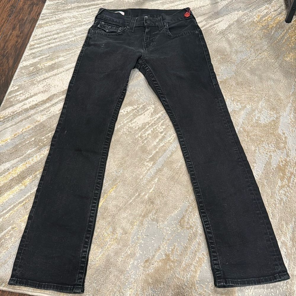 True Religion black Ricky relax straight jeans in black size 28 GUC flap pockets